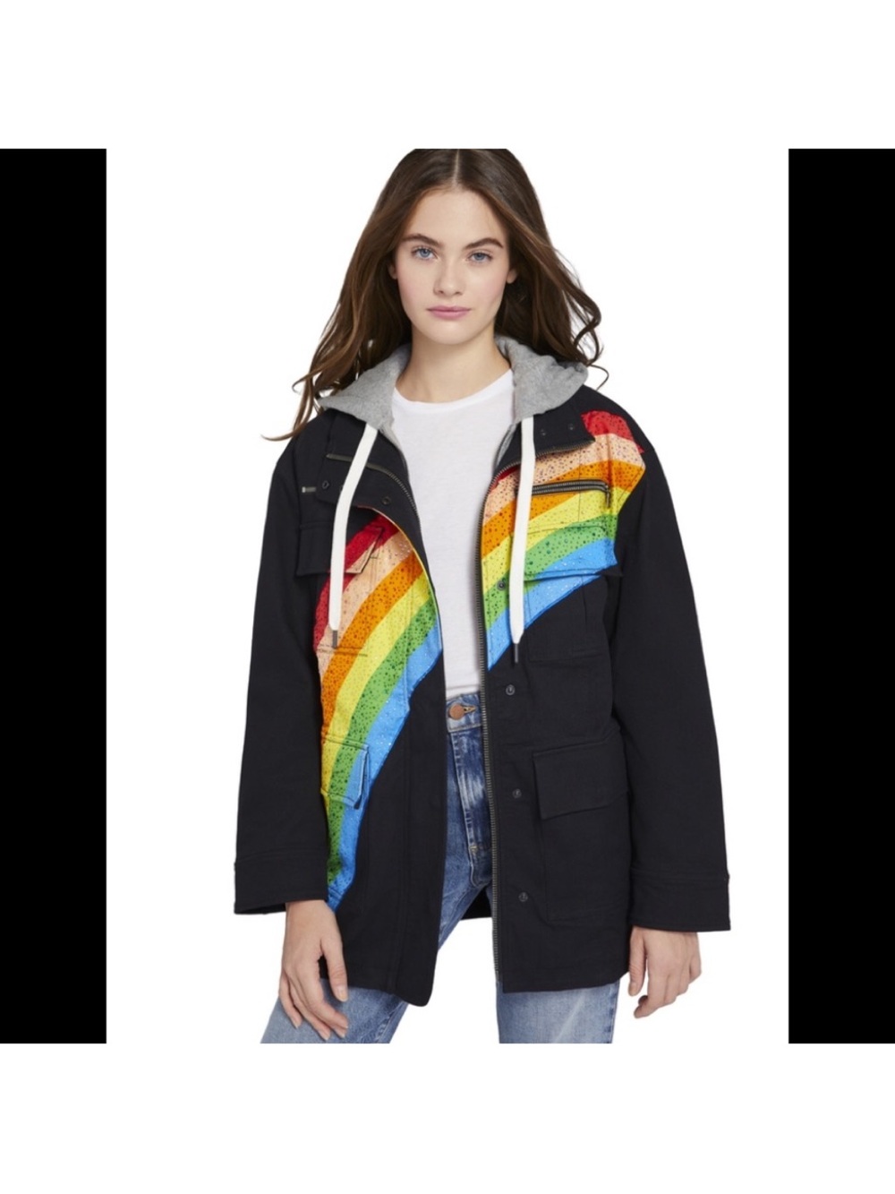 NWT Alice and Olivia Black Rainbow Hooded Jacket